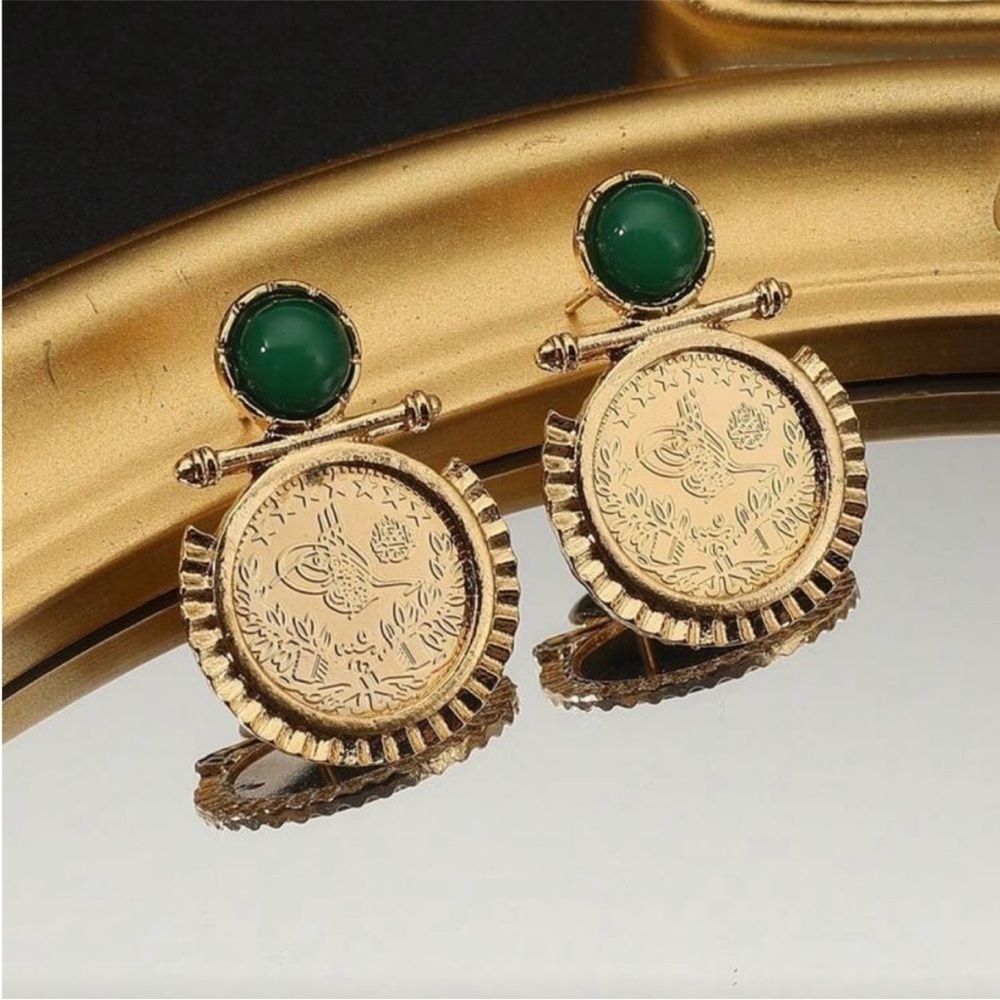 Gold-Tone Coin Drop Earrings with Green Stone